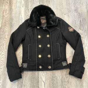 𝅺Coogi Womens Embroidered Wool Blend Varsity Jacket Fur Black Gold Small Vintage